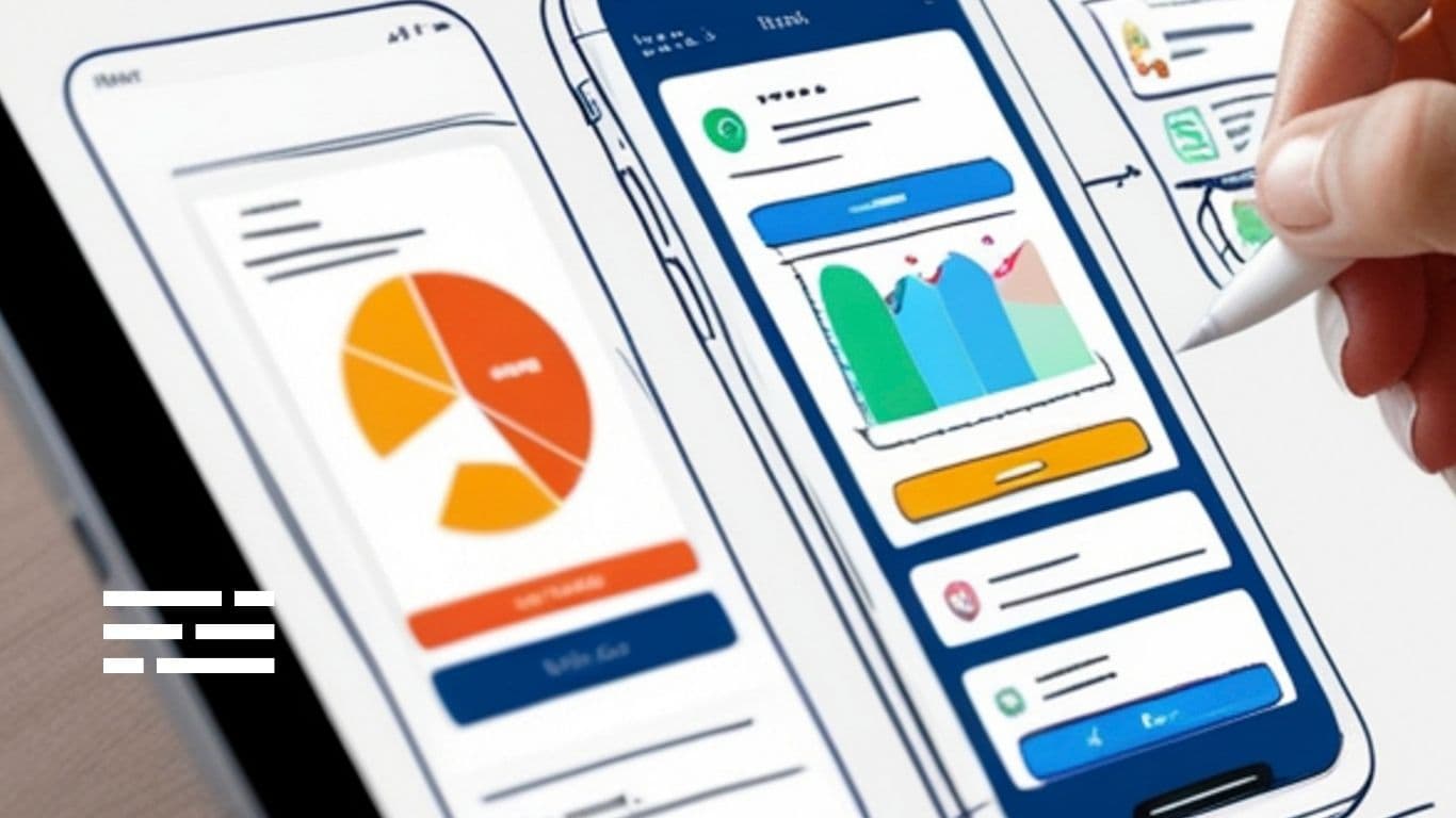 Phone screens showing a finished app design side by side: a pie chart of spend, a bar chart, and a list view, all in full color.