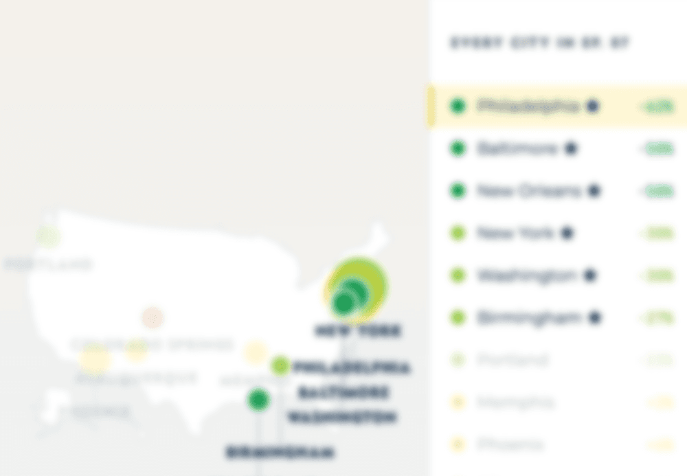 Blurred screenshot of a national map beside a ranked list of places.