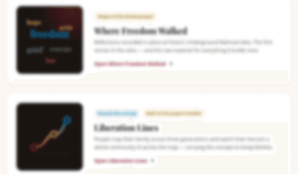 Blurred screenshot of story cards in a community atlas.