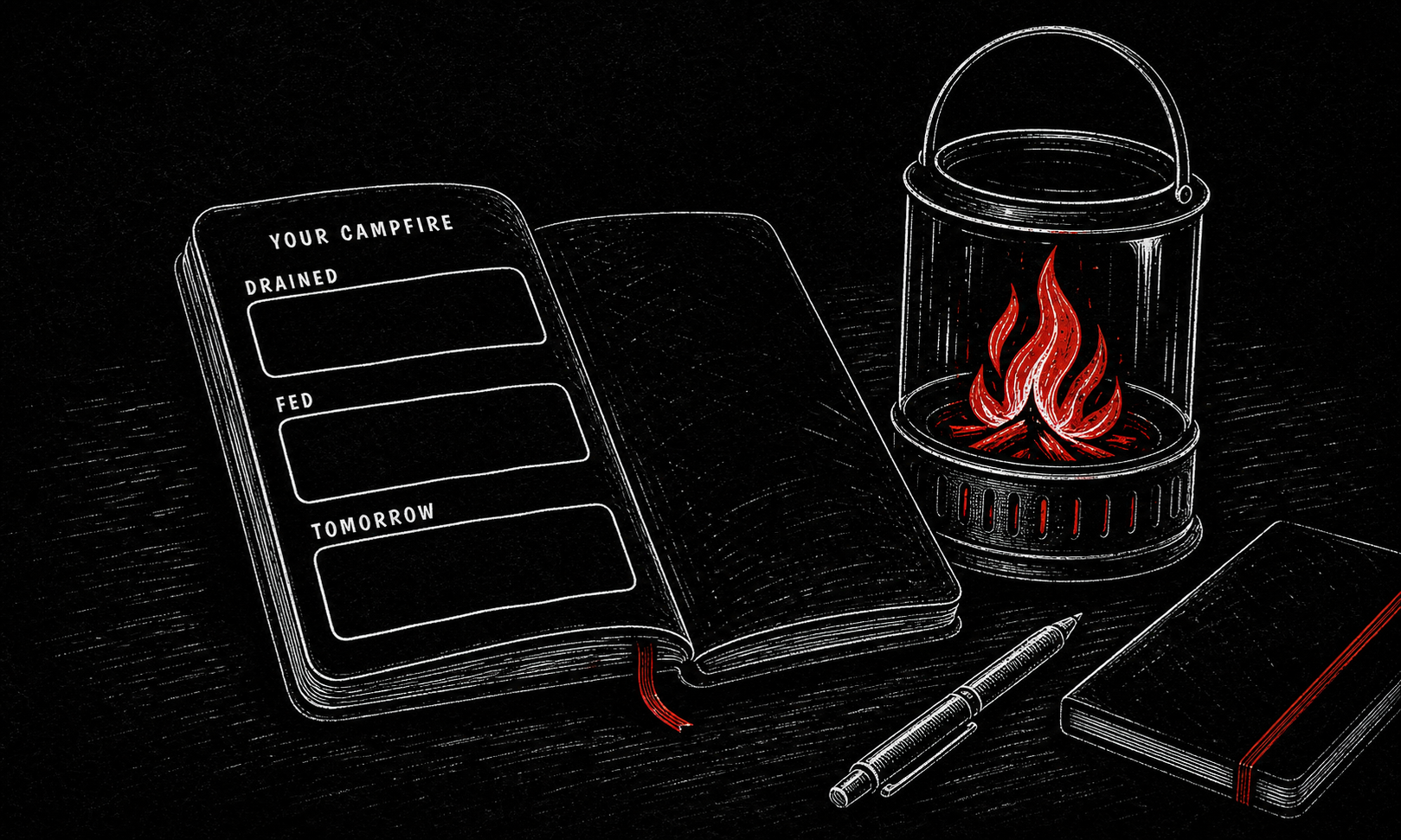 Your Campfire check-in card on onyx with three clear prompts for drained, fed, and tomorrow.